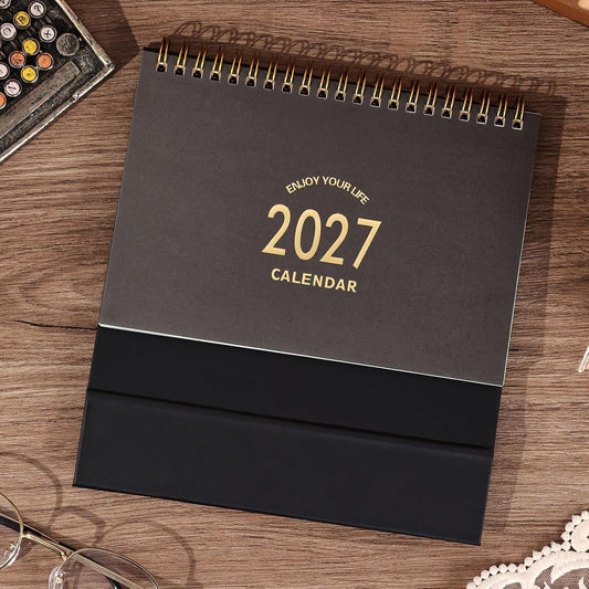 Small Desk Calendar 2027-2028, Standing Flip Desktop Calendar from January 2027 to June 2028 - Metal Ring Twin-Wire Binding Monthly Desktop Calendar for Home Office School (Black)