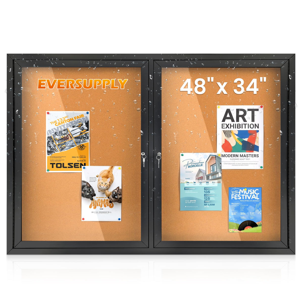 36x24 in Outdoor Bulletin Board Enclosed Display Case, Grey Felt & Black