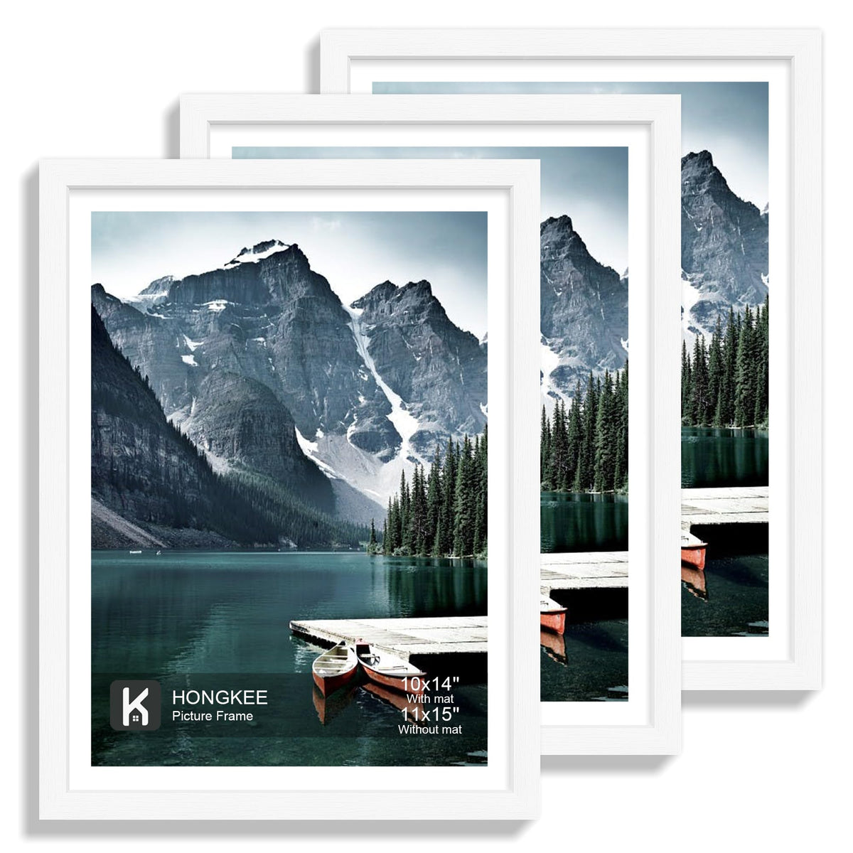Hongkee 12x12 White Picture Frames Set of 3, Real Glass, Wood Frame,Mat 8x8