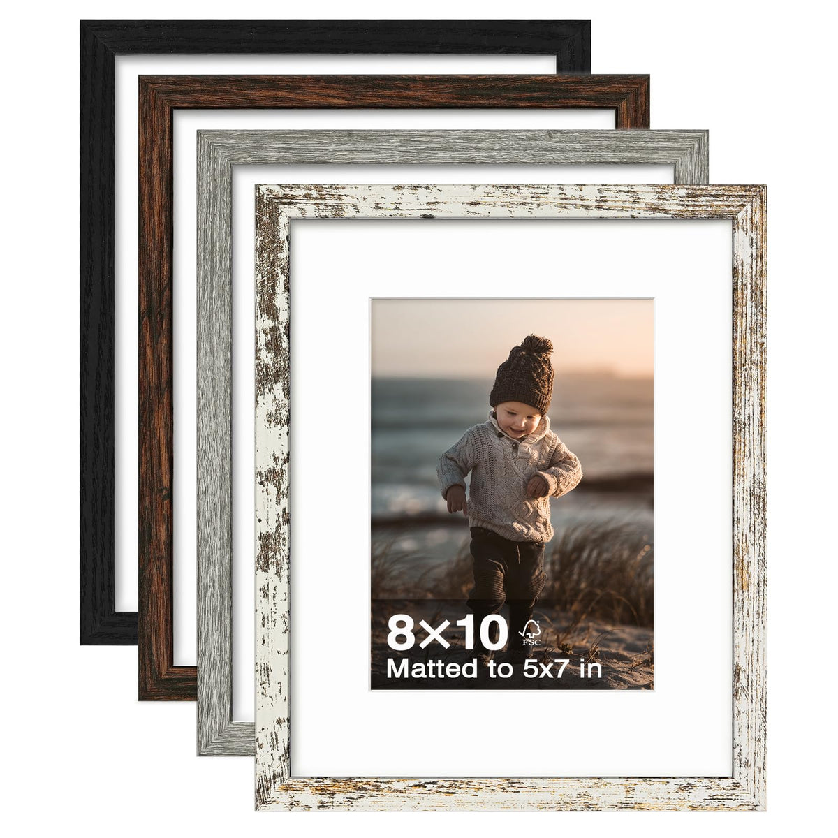KINLINK 5x7 Picture Frames, Mix Color Photo Frames with Plexiglass for Picture 4x6 with Mat or 5x7 without Mat, Composite Wood Picture Frames for Table Top and Wall Mounting, Set of 4