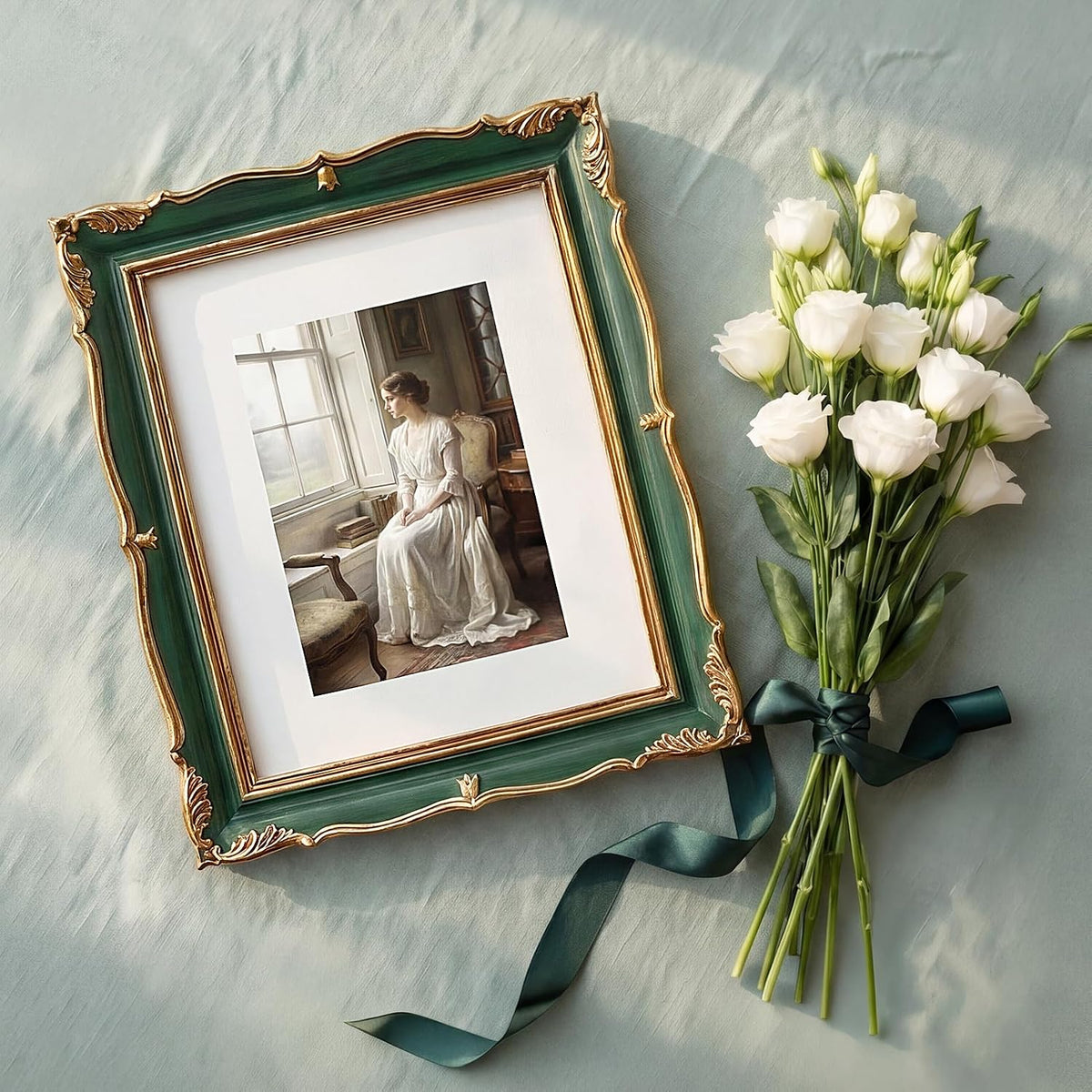 PHAREGE Vintage Picture Frame with Mat for 5x7 Photo, Retro Green Gold
