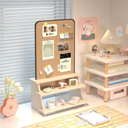 Cork Board with Storage Rack 13.38"x22.04"Bulletin Board Double-Sided Magnetic Thickened Desktop for Kids Home,Office,School Photo Display Board,Message Board,Vision Board (Wood Color)