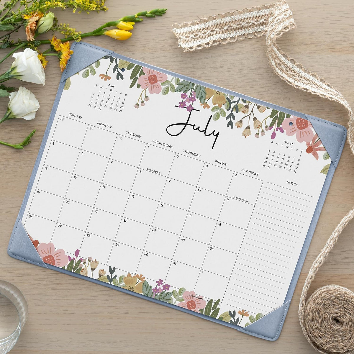Cabbrix Desk Calendar 2026-2027 with Desktop Mat, Floral Desk Pad Calendar 15 x 12 Inch 18 Months Runs From July 2026 to December 2027, Desk Blotter Calendar for Home School and Office (Blue)