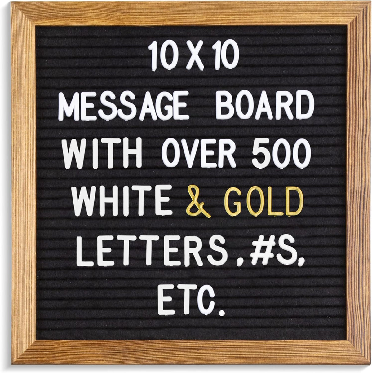 Real Wood Framed Felt Letter Board, Changeable Message Board, 10" x 10", Folding Stand and Wall Mount, 500+ Pieces of White & Gold Letters, Numbers, Words & Symbols, by Better Office Products (Rustic