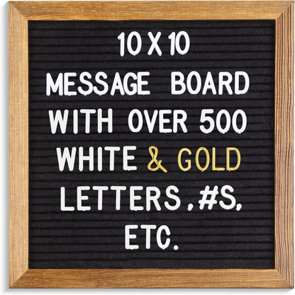 Real Wood Framed Felt Letter Board, Changeable Message Board, 10" x 10", Folding Stand and Wall Mount, 500+ Pieces of White & Gold Letters, Numbers, Words & Symbols, by Better Office Products (Rustic