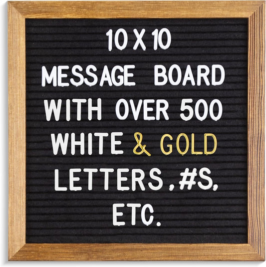 Real Wood Framed Felt Letter Board, Changeable Message Board, 10" x 10", Folding Stand and Wall Mount, 500+ Pieces of White & Gold Letters, Numbers, Words & Symbols, by Better Office Products (Rustic