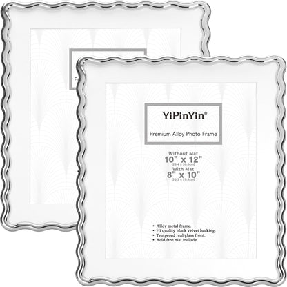 YiPinYin 4x6‘’ Gold Picture Frames Set of 2,High-End Heavy Duty Zinc Alloy Photo Frames with Wave Design,Velvet Backing, Dual Use for Desktop Display & Wall Hanging