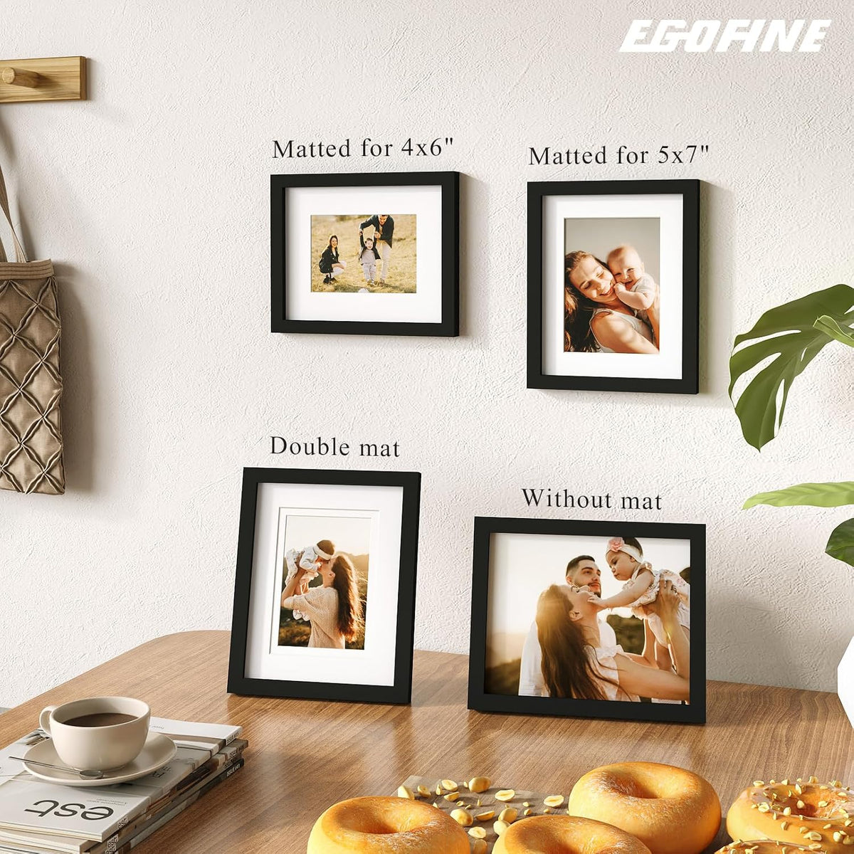 Egofine 8x10 Picture Frames Set of 4, Made of Solid Wood Covered by Plexiglass 4x6 and 5x7 with Mat or 8x10 without Mat, for Table Top Display and Wall Mounting Photo Frame Black