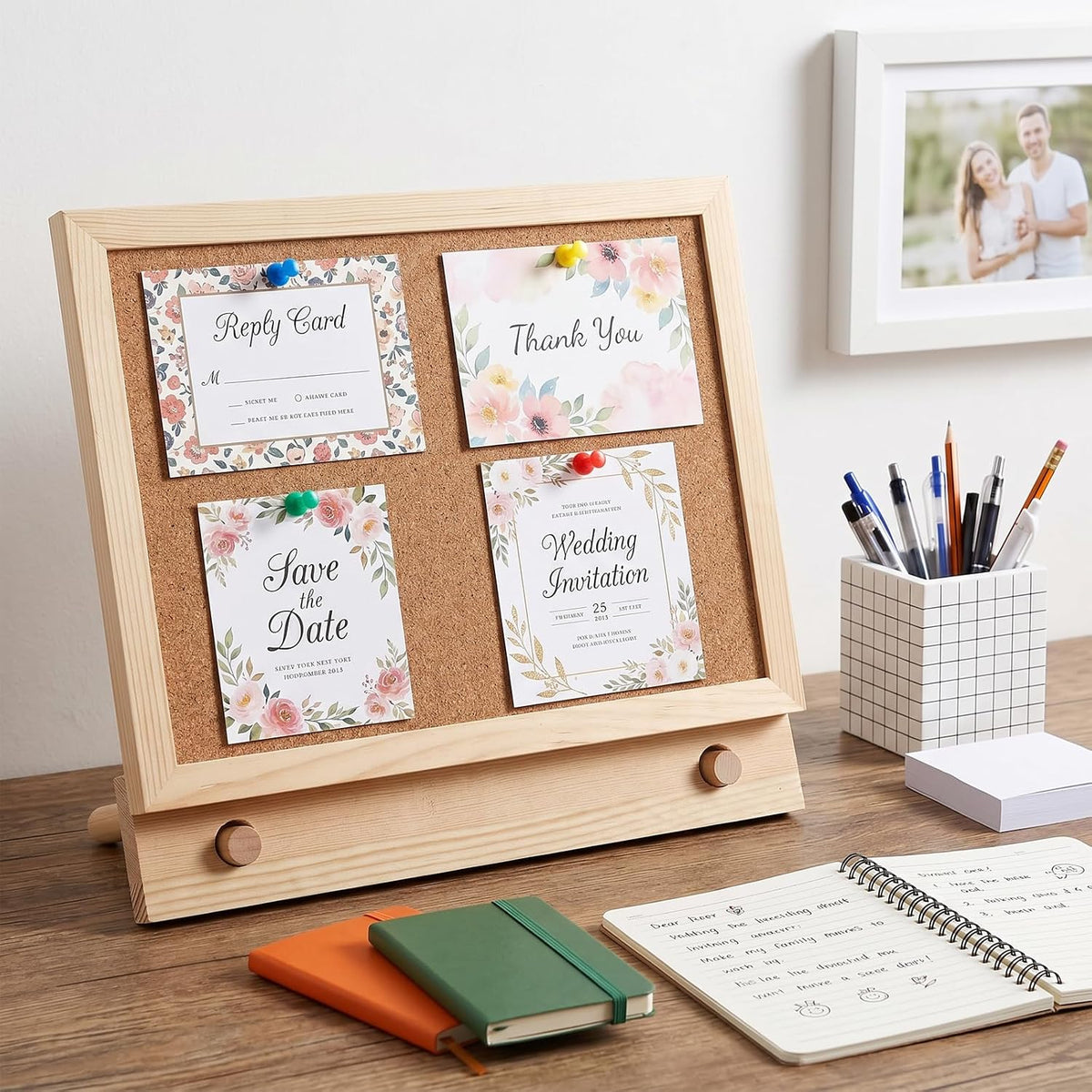 2 Pcs Wood Frame Bulletin Board, Desktop Cork Board with 12 Push Pins
