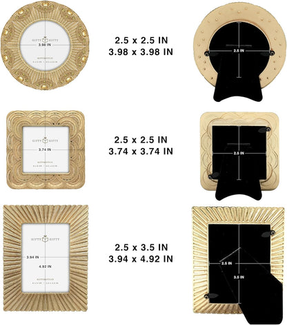 Classic Gold 1920s Mini Frame Set/Set of 3/2.5x2.5 & 2.5x3.5 In | For Tabletop Display | Perfect for Home Decor, Wedding, Graduation, Or Milestone Photos