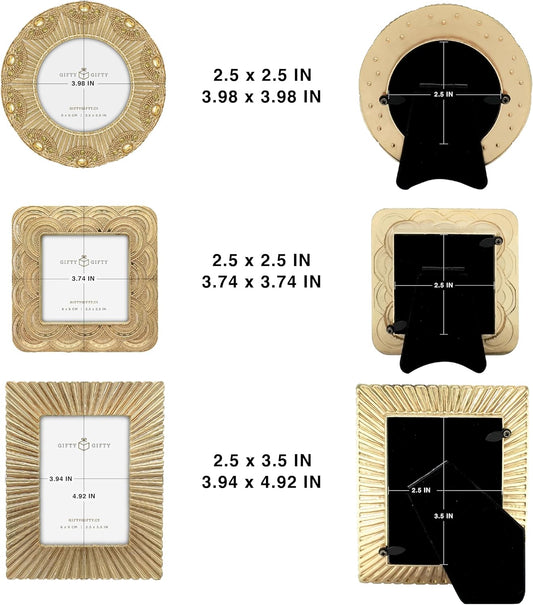 Classic Gold 1920s Mini Frame Set/Set of 3/2.5x2.5 & 2.5x3.5 In | For Tabletop Display | Perfect for Home Decor, Wedding, Graduation, Or Milestone Photos