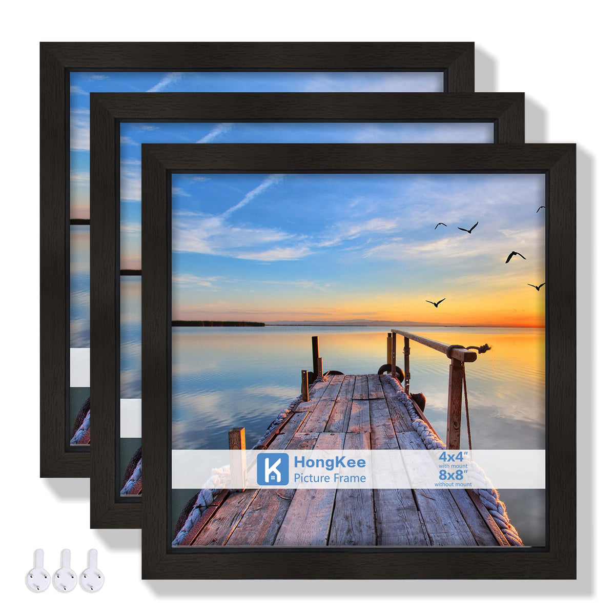 Hongkee 12x12 White Picture Frames Set of 3, Real Glass, Wood Frame,Mat 8x8