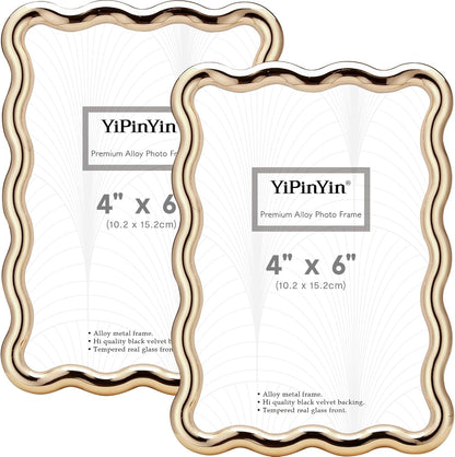 YiPinYin 4x6‘’ Gold Picture Frames Set of 2,High-End Heavy Duty Zinc Alloy Photo Frames with Wave Design,Velvet Backing, Dual Use for Desktop Display & Wall Hanging