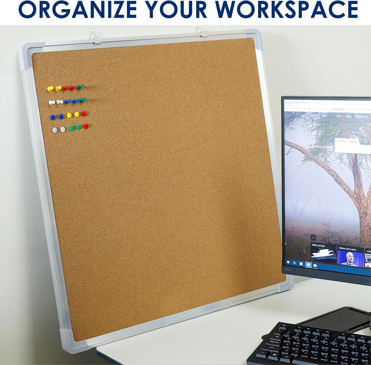 Cork Board 24x24 in, Framed Wall Hanging Bulletin Board with 10 Thumb Tacks