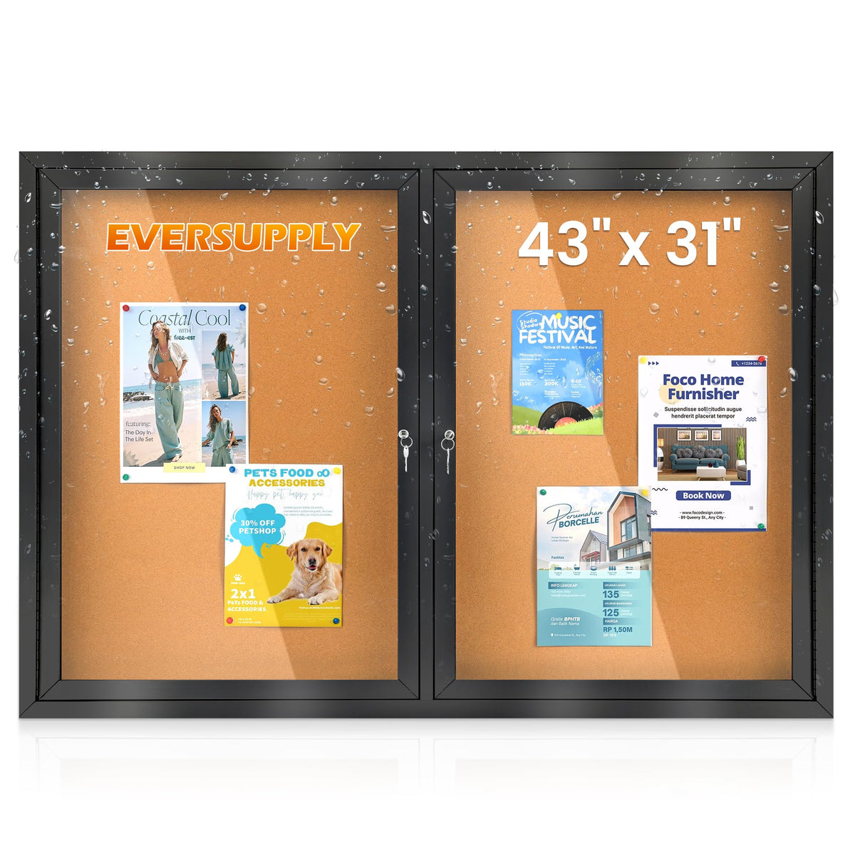 36x24 in Outdoor Bulletin Board Enclosed Display Case, Grey Felt & Black