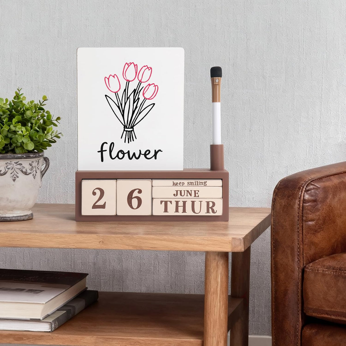 SELEAD Wooden Block Desk Calendar with Dry Erase White Board, Brown