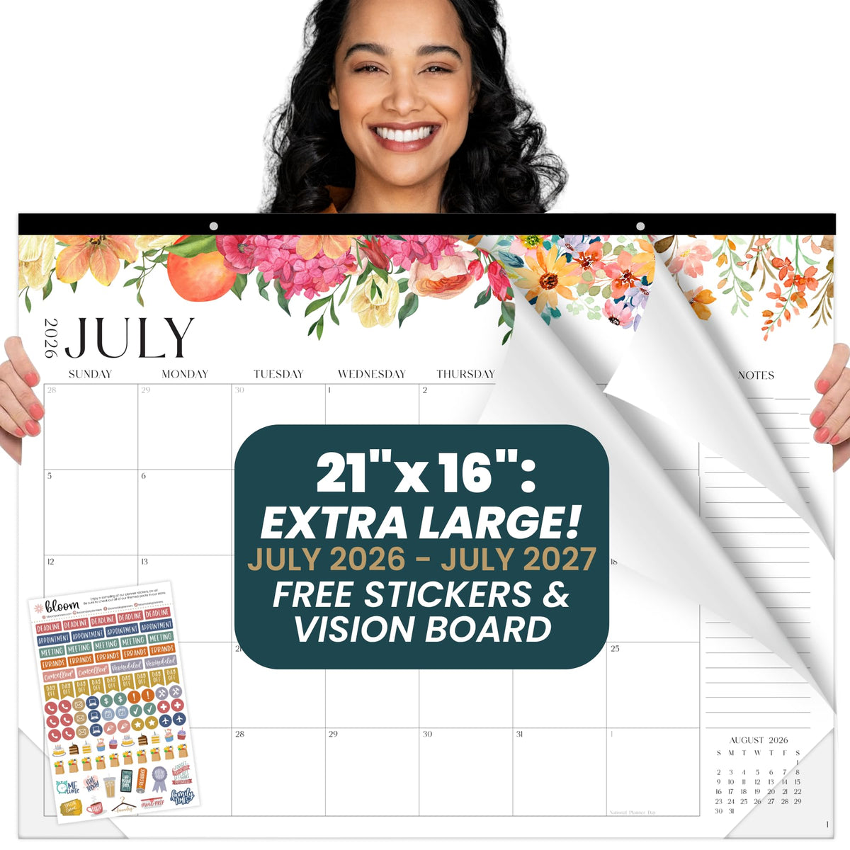 bloom daily planners Desk Calendar 2026-2027 - Academic Year Large Wall Calendar (July 2026 - July 2027) - 21” x 16” Desktop & Hanging Monthly Planner with Stickers for Home or Office - Holiday Icons