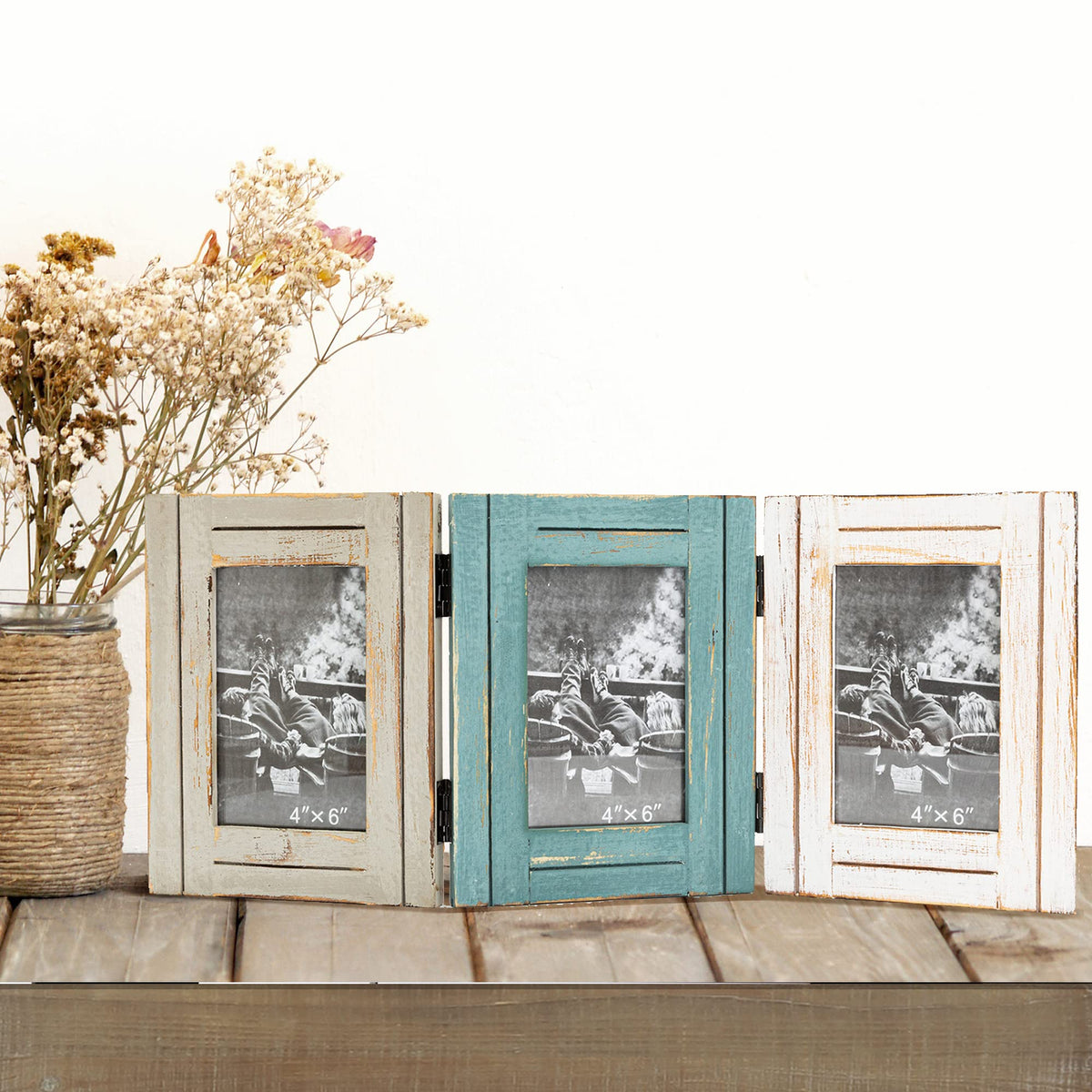 RiteSune Rustic Picture Frame 3 Folding 5X7 Triple Hinged