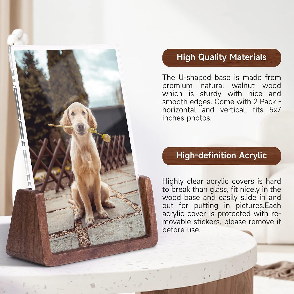 4x6 Picture Frame - 2 Pack, Rustic Wooden Photo Frame with Walnut Wood Base and High Definition Acrylic Glass Covers for Tabletop or Desktop Display (4x6 inch, Horizontal + Vertical)