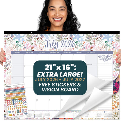 bloom daily planners Desk Calendar 2026-2027 - Academic Year Large Wall Calendar (July 2026 - July 2027) - 21” x 16” Desktop & Hanging Monthly Planner with Stickers for Home or Office - Holiday Icons