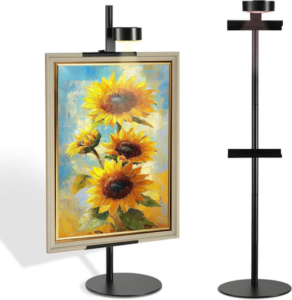 Adjustable Desktop Photo Frame Stand with Magnetic Wall Painting Light, Holds Picture Frames up to 30 Inch,with Rechargeable Battery,Metal Vertical Stand with 3 Color Temperature & 13RGB Poster Lights, for Displaying Picture Frames, Artworks (1 Pack,Black