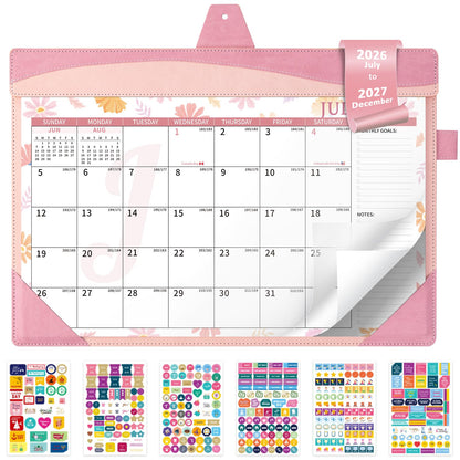 Ospelelf Desk Calendar 2026-2027 with Storage Pocket Protective Cover Large 12"x17" Leather Monthly Wall Planner Pad 18 Months January 2026 - June 2027 Pink