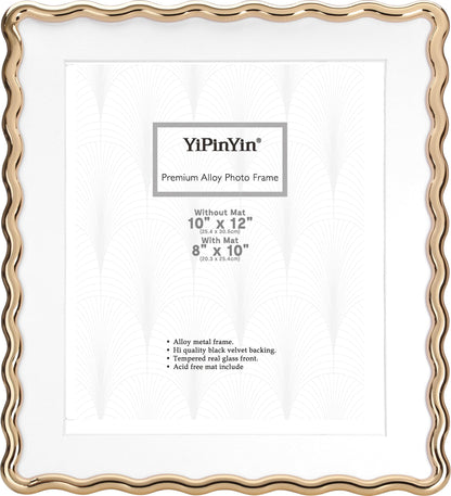 YiPinYin 4x6‘’ Gold Picture Frames Set of 2,High-End Heavy Duty Zinc Alloy Photo Frames with Wave Design,Velvet Backing, Dual Use for Desktop Display & Wall Hanging