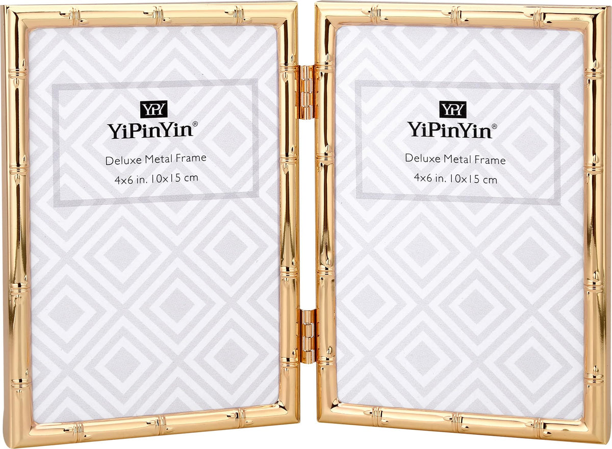 6x8''Bamboo Detail Dark Gold Metal Picture Frame 2pack,With Acid Frame Mount for 4x6'',Elegant Gold Plated Baby Nurse Photo Frames 6x8''With Soft Touch Velvet Backing for Desktop and Wall Décor