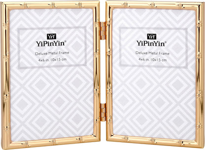 6x8''Bamboo Detail Dark Gold Metal Picture Frame 2pack,With Acid Frame Mount for 4x6'',Elegant Gold Plated Baby Nurse Photo Frames 6x8''With Soft Touch Velvet Backing for Desktop and Wall Décor
