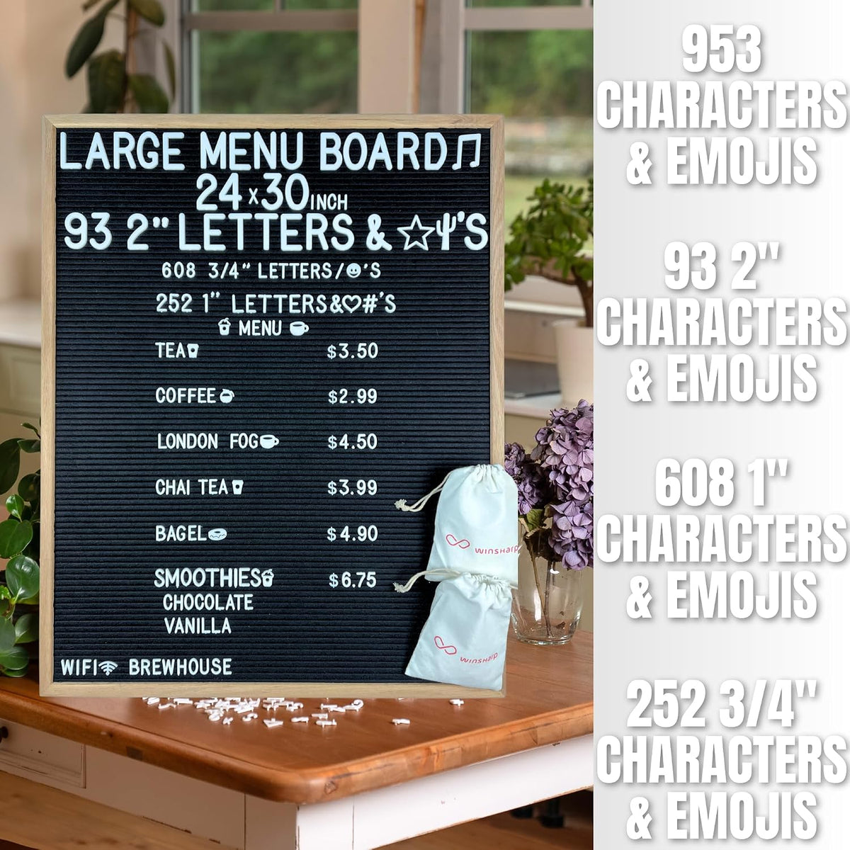Large Black Felt Letter Board | 24"x30" Classy Dark Stained Wooden Frame with White Letters | Premium Changeable Sign Boards for Price List Message Letterboard With Stand for Small Business