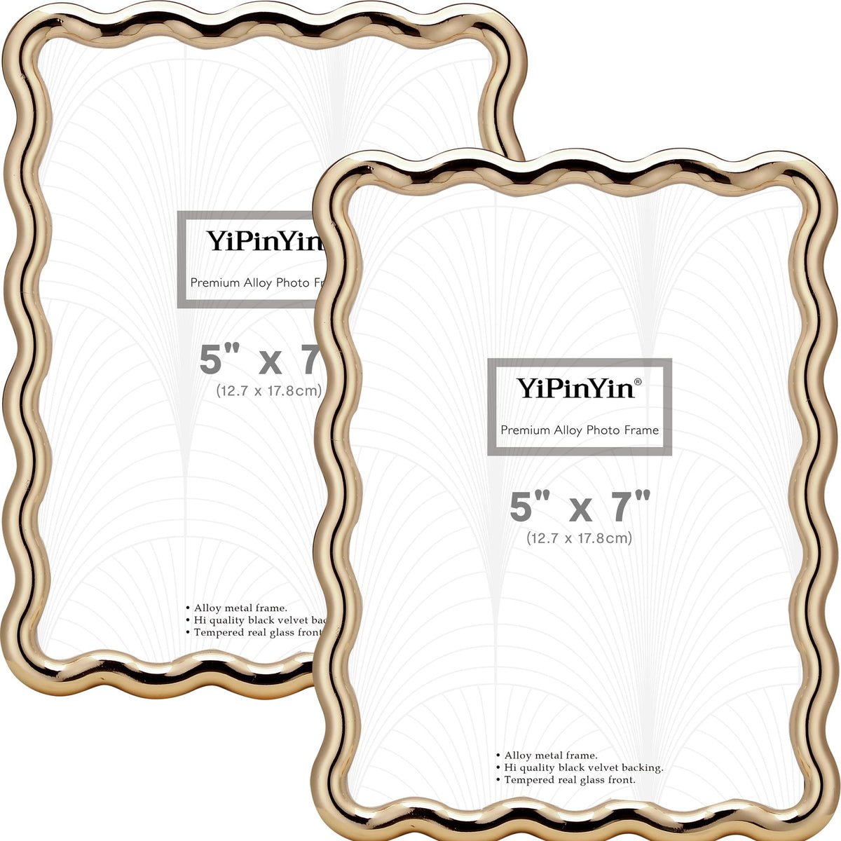 YiPinYin 4x6‘’ Gold Picture Frames Set of 2,High-End Heavy Duty Zinc Alloy Photo Frames with Wave Design,Velvet Backing, Dual Use for Desktop Display & Wall Hanging