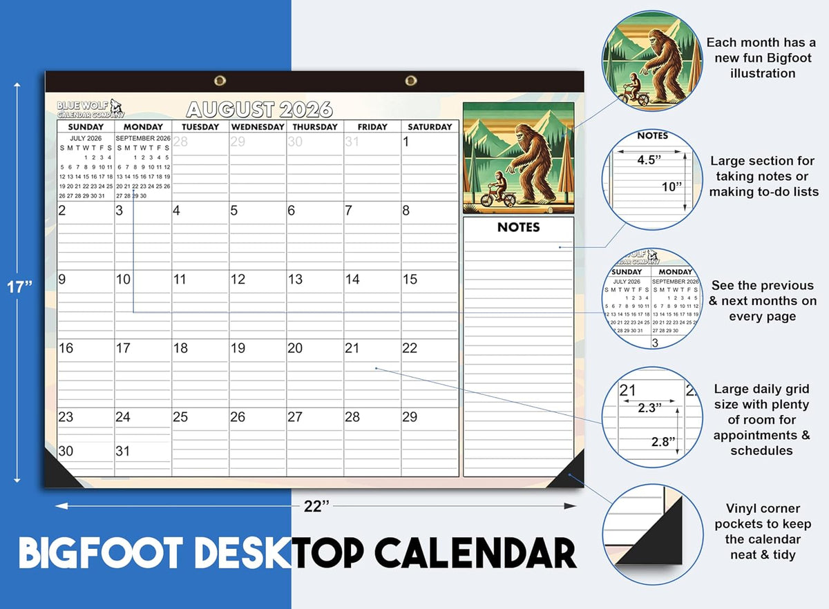 School Year January 2026- June 2027 Monthly Desktop Calendar Large Bigfoot Themed 2026 | 22"x17" | August 2026 - June 2027 | Large Teacher Desk Calendar Desk Calendar Mat Desk Pad