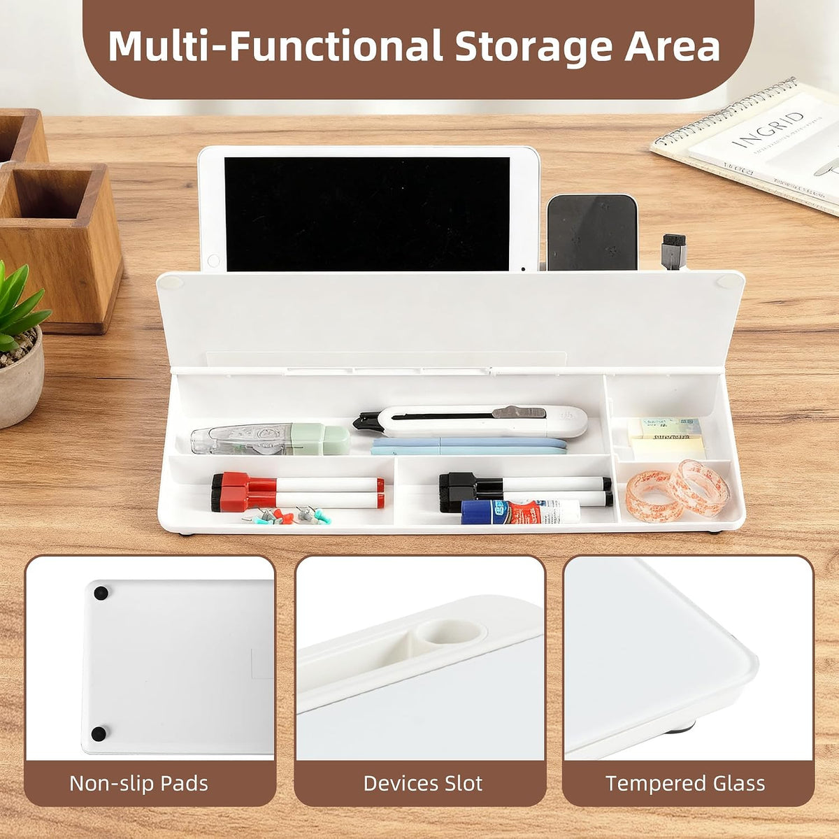 VUSIGN Glass Desktop Dry Erase Whiteboard with Hidden Storage | Sturdy Hinge Design, Scratch-Resistant Glass Surface, 4 High-Visibility Markers | Desk Buddy Organizer for Home Office (White)