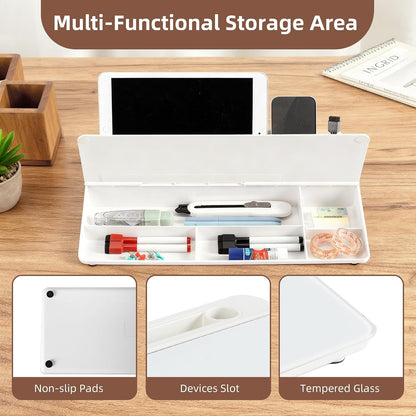 VUSIGN Glass Desktop Dry Erase Whiteboard with Hidden Storage | Sturdy Hinge Design, Scratch-Resistant Glass Surface, 4 High-Visibility Markers | Desk Buddy Organizer for Home Office (White)
