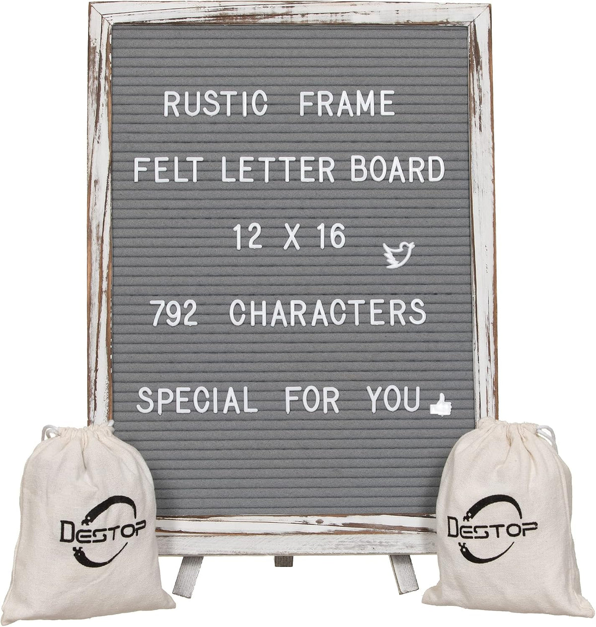 Felt Board With Rustic Vintage Frame and Stand 12x16 Inch,Grey Changeable Message Board Includes 792 Letters, Numbers and Symbols,Hook to Hang, 2 Canvas Bags
