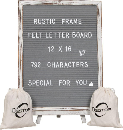 Felt Board With Rustic Vintage Frame and Stand 12x16 Inch,Grey Changeable Message Board Includes 792 Letters, Numbers and Symbols,Hook to Hang, 2 Canvas Bags