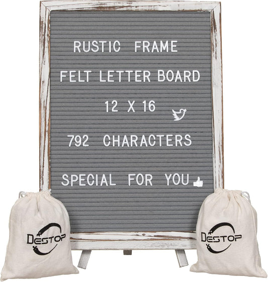 Felt Board With Rustic Vintage Frame and Stand 12x16 Inch,Grey Changeable Message Board Includes 792 Letters, Numbers and Symbols,Hook to Hang, 2 Canvas Bags
