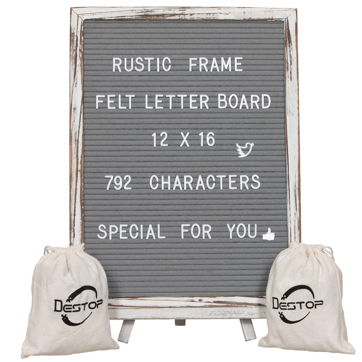 Felt Board With Rustic Vintage Frame and Stand 12x16 Inch,Grey Changeable Message Board Includes 792 Letters, Numbers and Symbols,Hook to Hang, 2 Canvas Bags