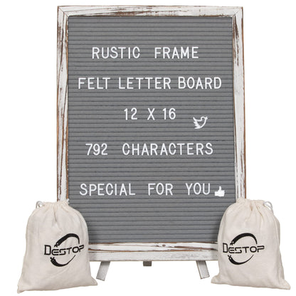 Felt Board With Rustic Vintage Frame and Stand 12x16 Inch,Grey Changeable Message Board Includes 792 Letters, Numbers and Symbols,Hook to Hang, 2 Canvas Bags