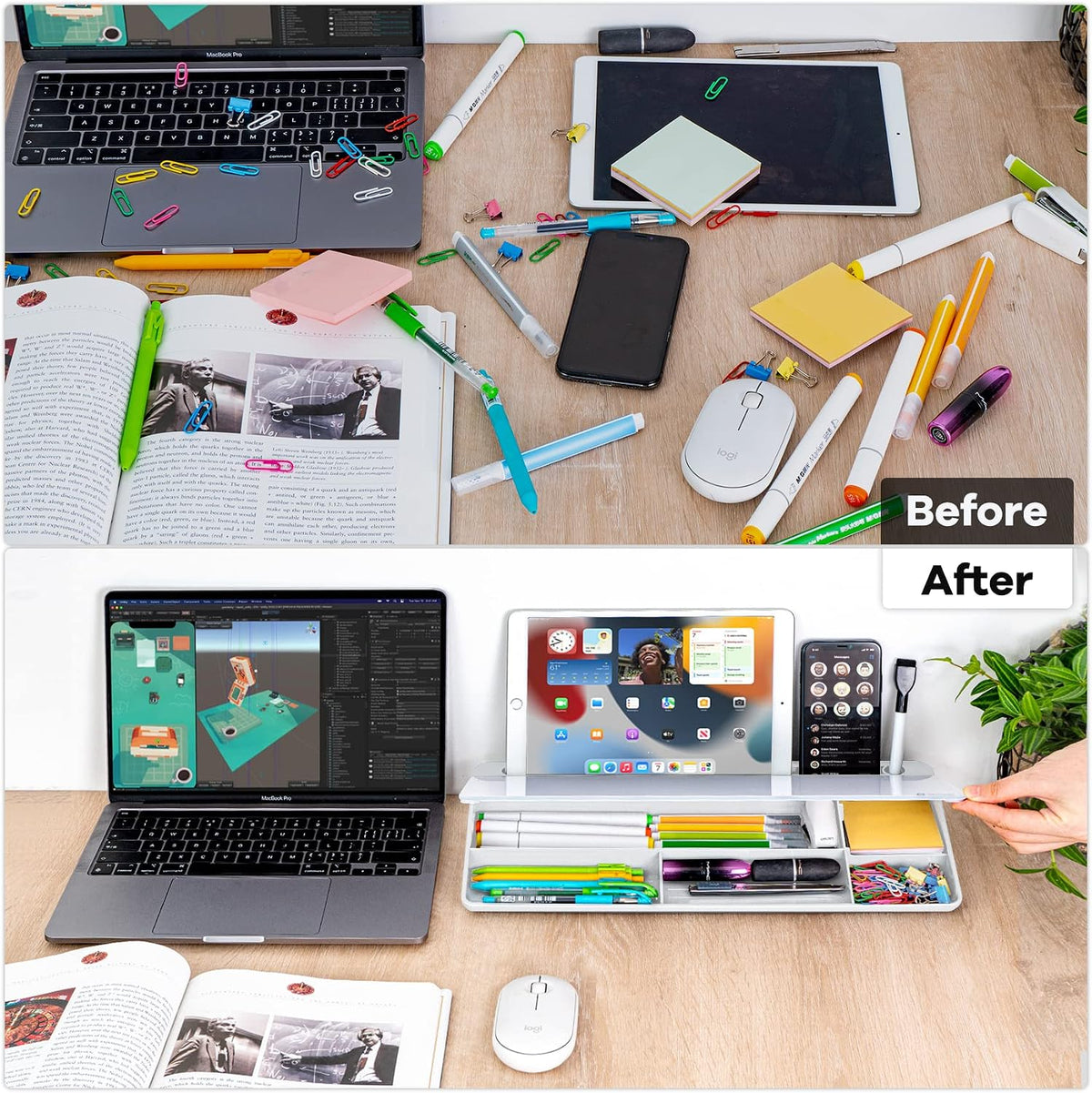 Varhomax Glass Desk Whiteboard with Storage, Desktop Organizer