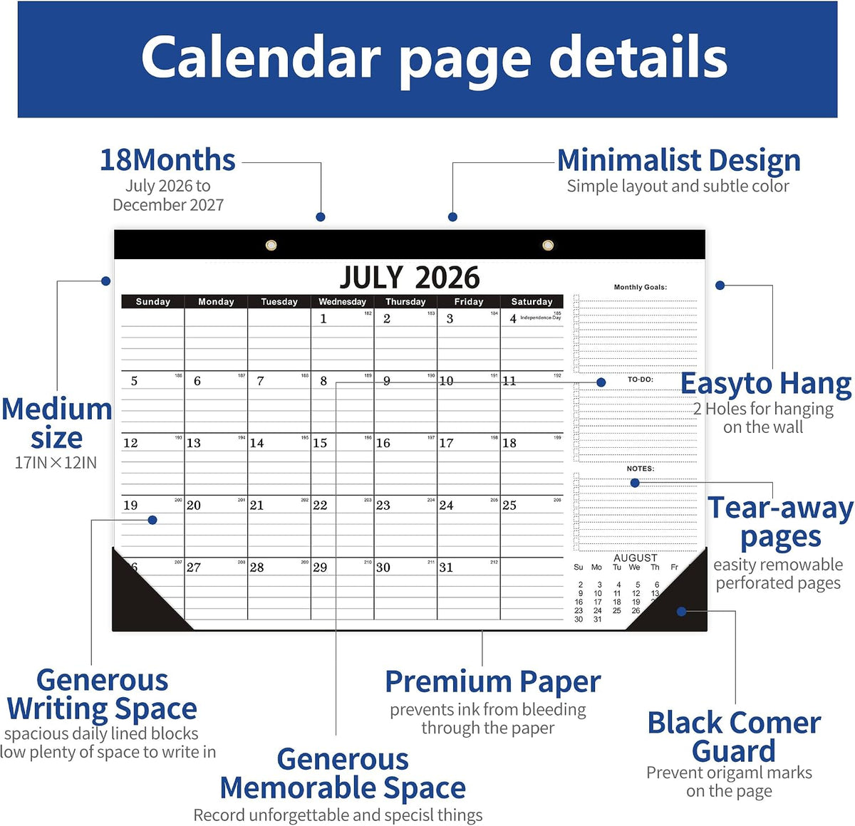 Desk Calendar 2026-2027,July 2026 to December 2027, Desk calendar 2026-2027 with to-do list,2027 Calendar 18 Months,Calendar 2026-2027-17" x 12" for Home or Office.