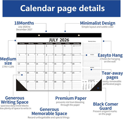 Desk Calendar 2026-2027,July 2026 to December 2027, Desk calendar 2026-2027 with to-do list,2027 Calendar 18 Months,Calendar 2026-2027-17" x 12" for Home or Office.