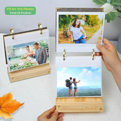 ZEEYUAN 60 Pockets of 4x6 Flip Photo Album on Stand Wooden 4x6 Photo Frame Desktop Photo Album