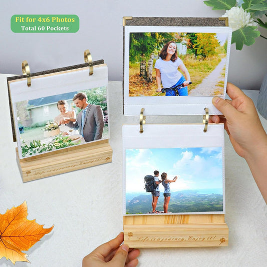 ZEEYUAN 60 Pockets of 4x6 Flip Photo Album on Stand Wooden 4x6 Photo Frame Desktop Photo Album