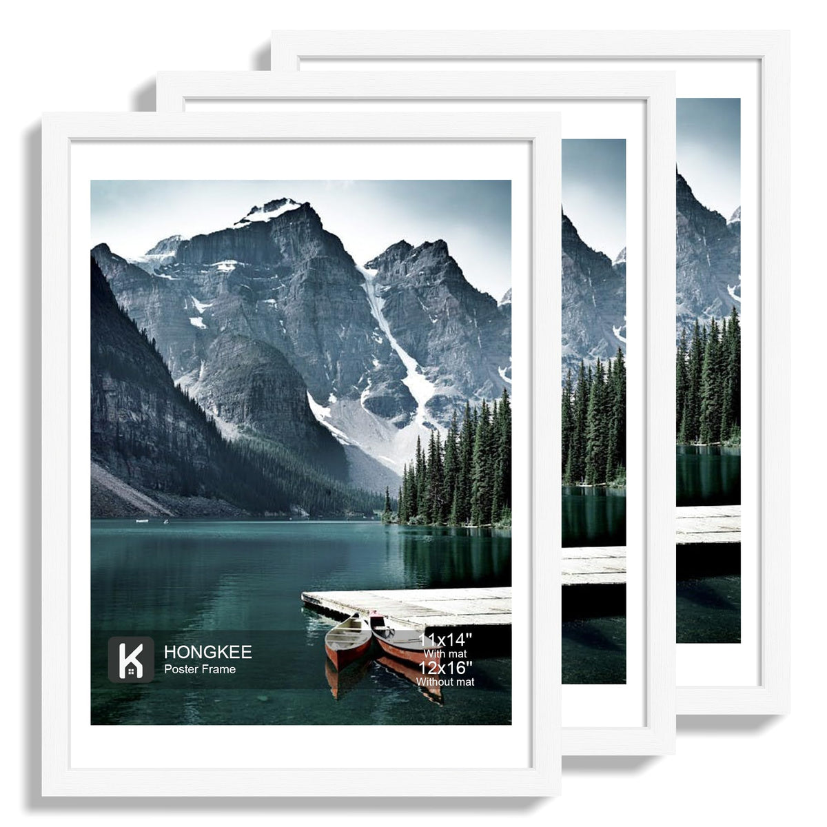 Hongkee 12x12 White Picture Frames Set of 3, Real Glass, Wood Frame,Mat 8x8