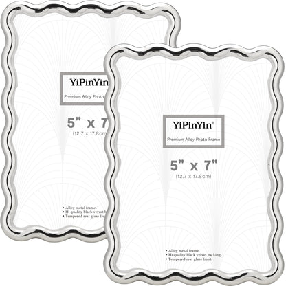 YiPinYin 4x6‘’ Gold Picture Frames Set of 2,High-End Heavy Duty Zinc Alloy Photo Frames with Wave Design,Velvet Backing, Dual Use for Desktop Display & Wall Hanging