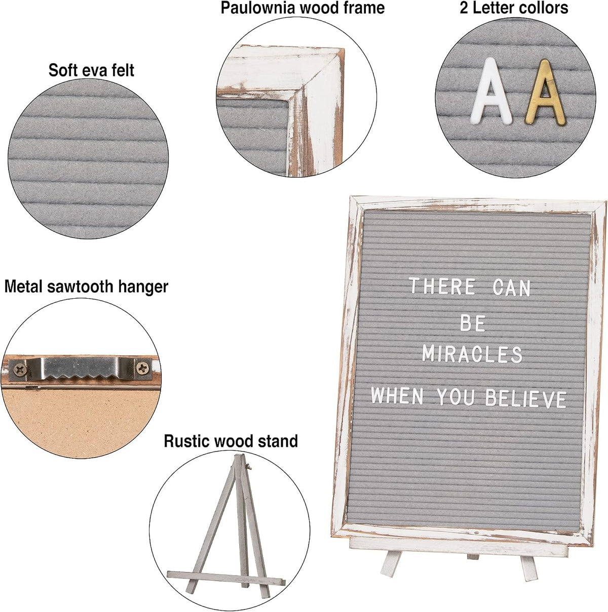 Felt Board With Rustic Vintage Frame and Stand 12x16 Inch,Grey Changeable Message Board Includes 792 Letters, Numbers and Symbols,Hook to Hang, 2 Canvas Bags