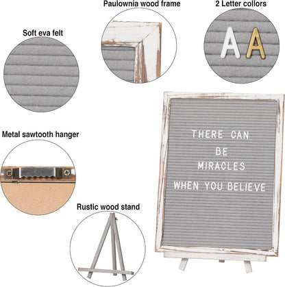 Felt Board With Rustic Vintage Frame and Stand 12x16 Inch,Grey Changeable Message Board Includes 792 Letters, Numbers and Symbols,Hook to Hang, 2 Canvas Bags