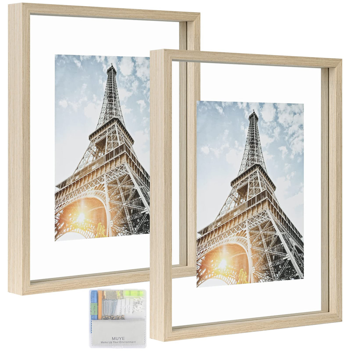 MUYE 5x7 Floating Frame Set of 2,Double Glass Rustic Photo Frame for Wall Hanging or Tabletop Standing,Also Display 4x6 or 3x5 Photo for Floating Effect,Natural