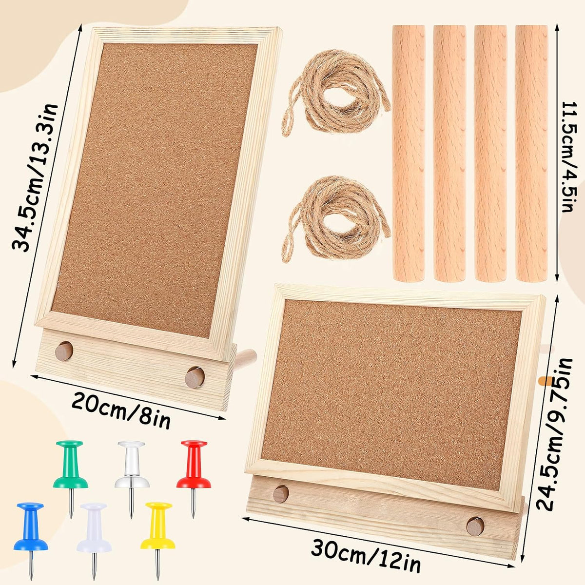 2 Pcs Wood Frame Bulletin Board, Desktop Cork Board with 12 Push Pins